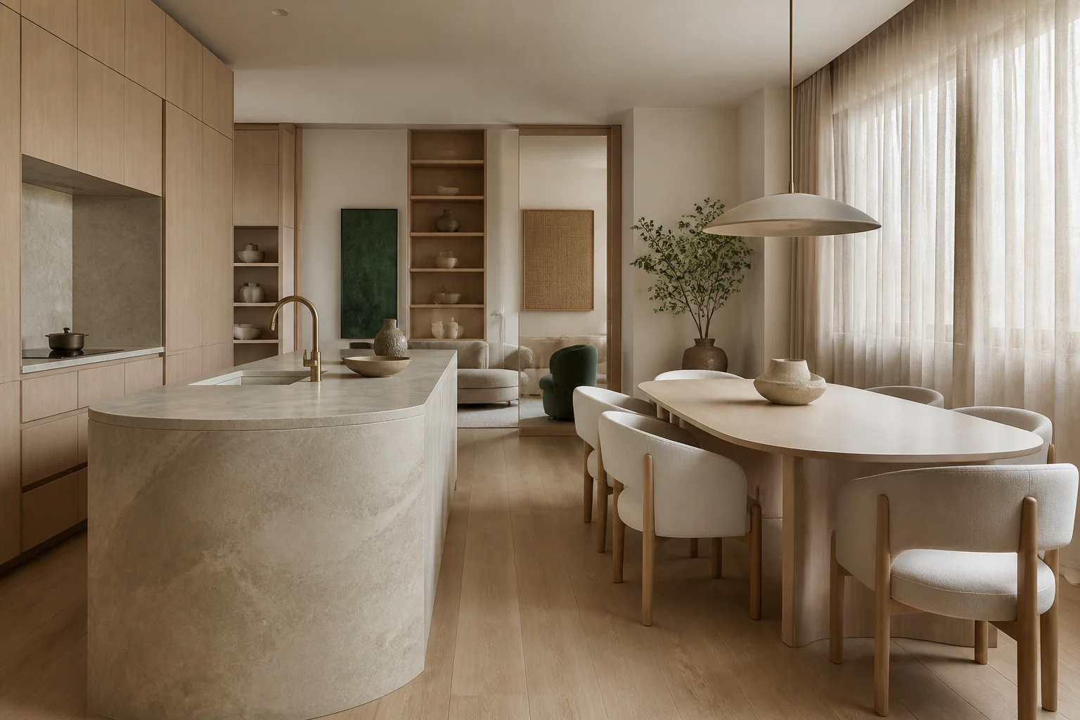 Cozinha e sala de jantar em tons naturais