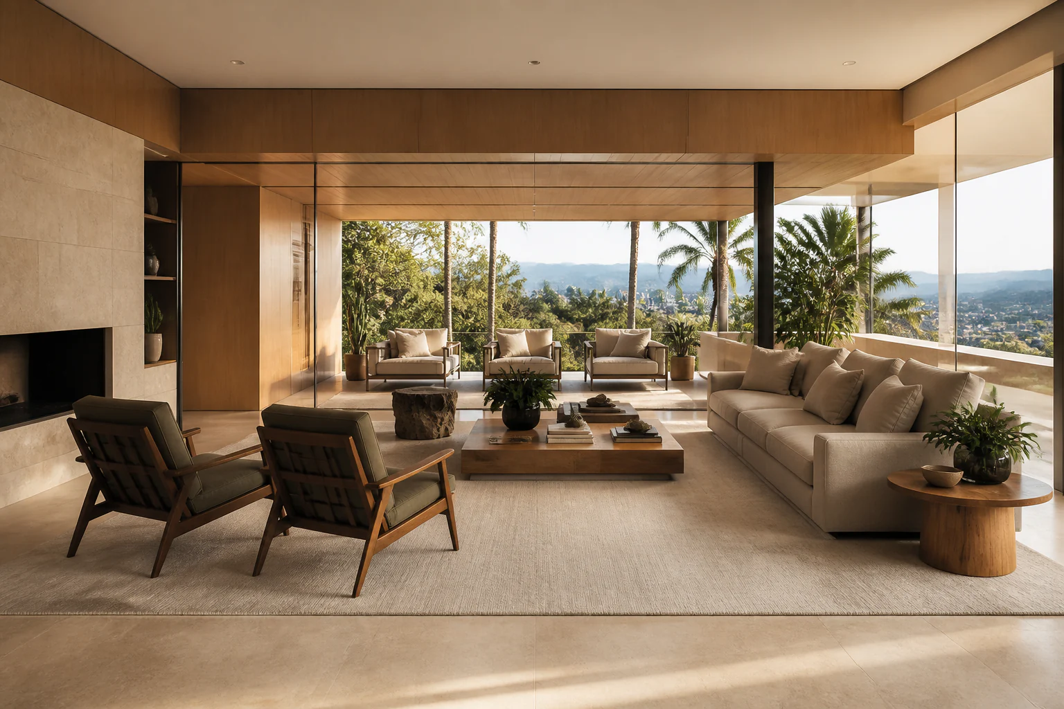 Sala contemporânea integrada à paisagem