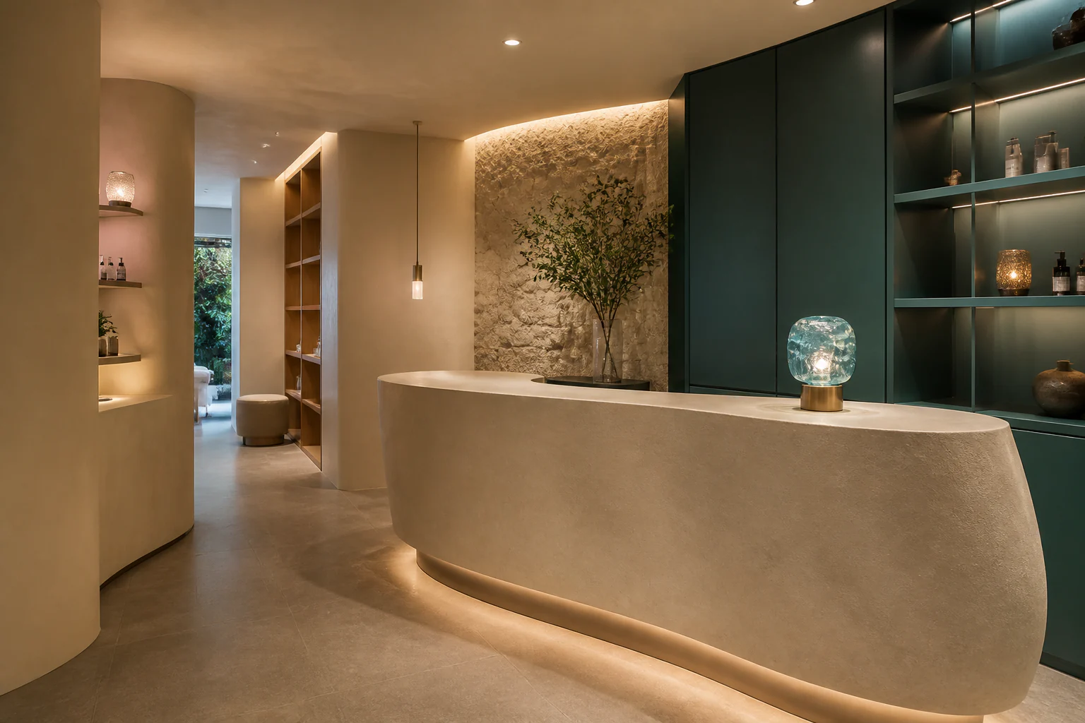 Recepção comercial com marcenaria verde profunda